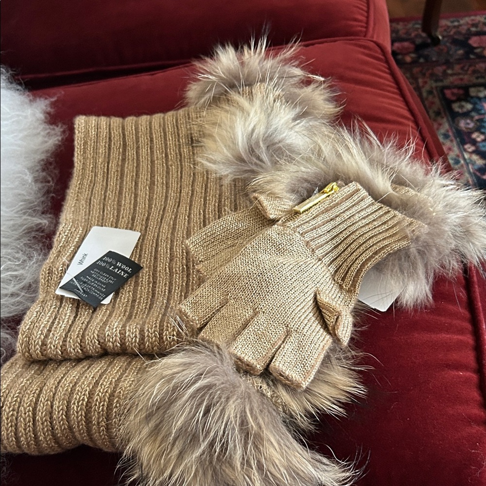 Gold Knit Gloves with Racoon Fur Trim- 100% Wool